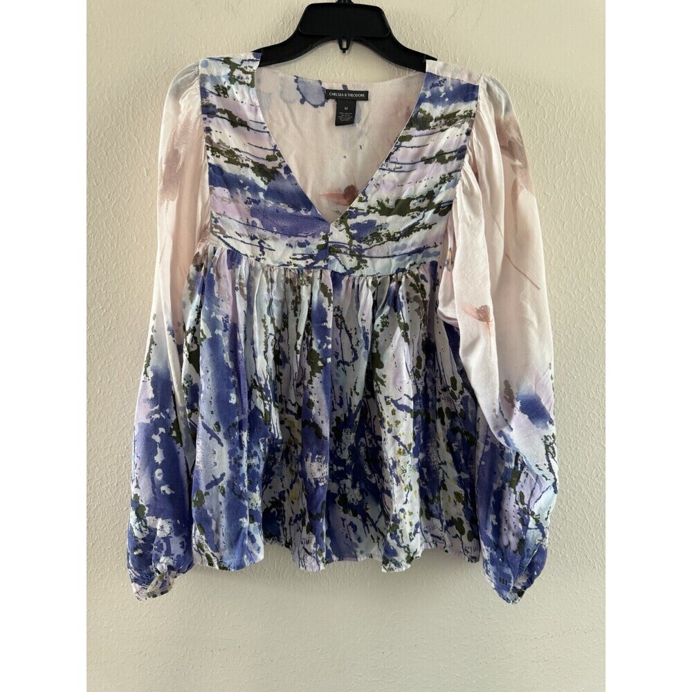 Chelsea & Theodore Tie-Dye Blouse balloon sleeves free boho ocean V-neck Sz M